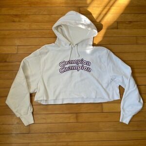 Champion Reverse Weave White Cropped Hoodie Embroidered Logo XL Raw Hem Boxy